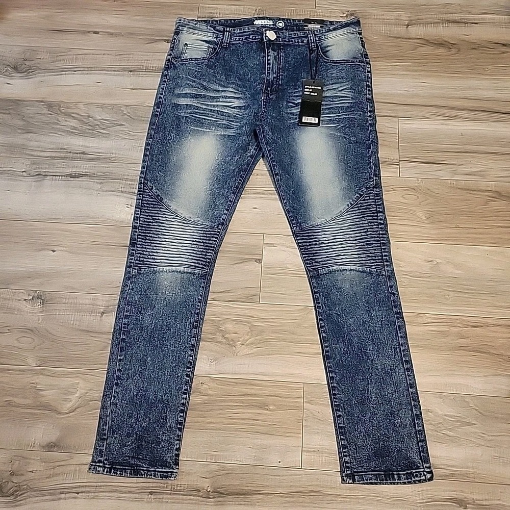 Mecca Jeans Men's Stretch Fit Blue Wash‎ Moto Denim Jeans Size 38x32 NEW